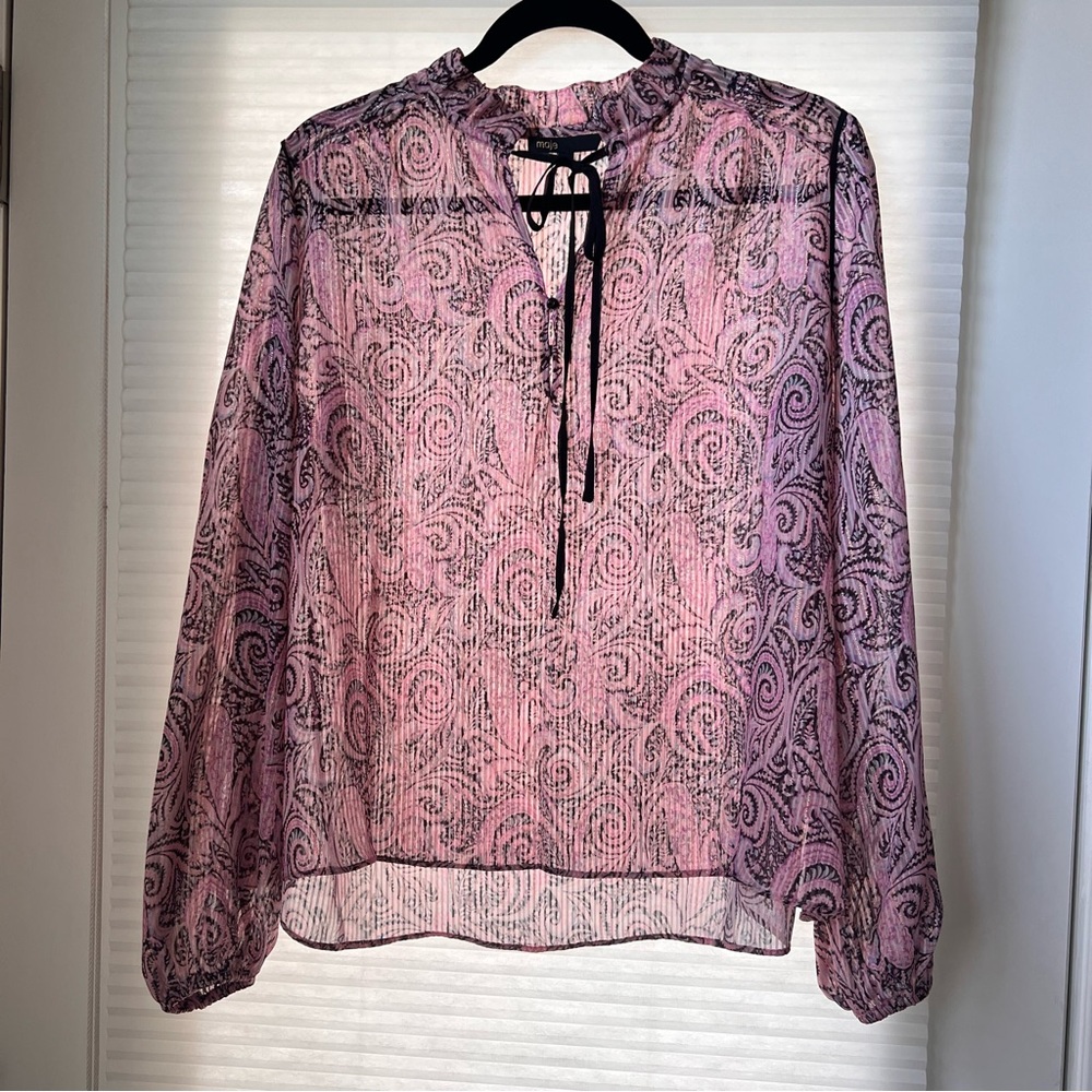 Maje pink paisley puff long sleeve ribbon blouse (Size 3/L) summer feminim